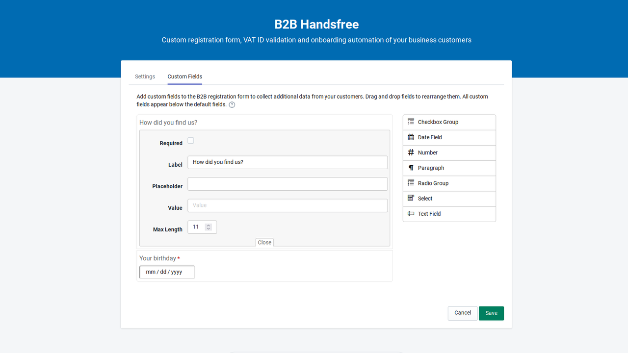 B2B Handsfree Custom Fields settings page