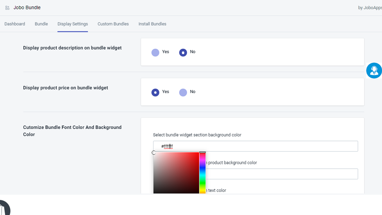 jobo bundle widget display settings