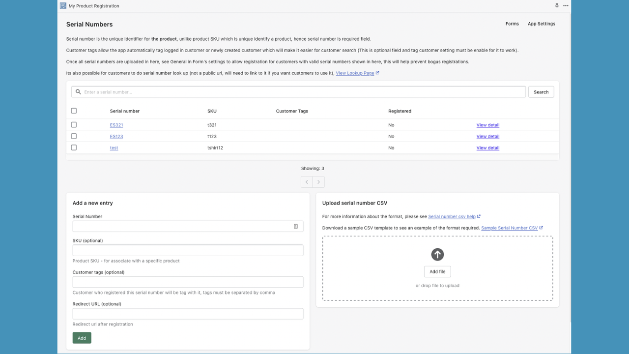 Admin - Serial numbers and actions available