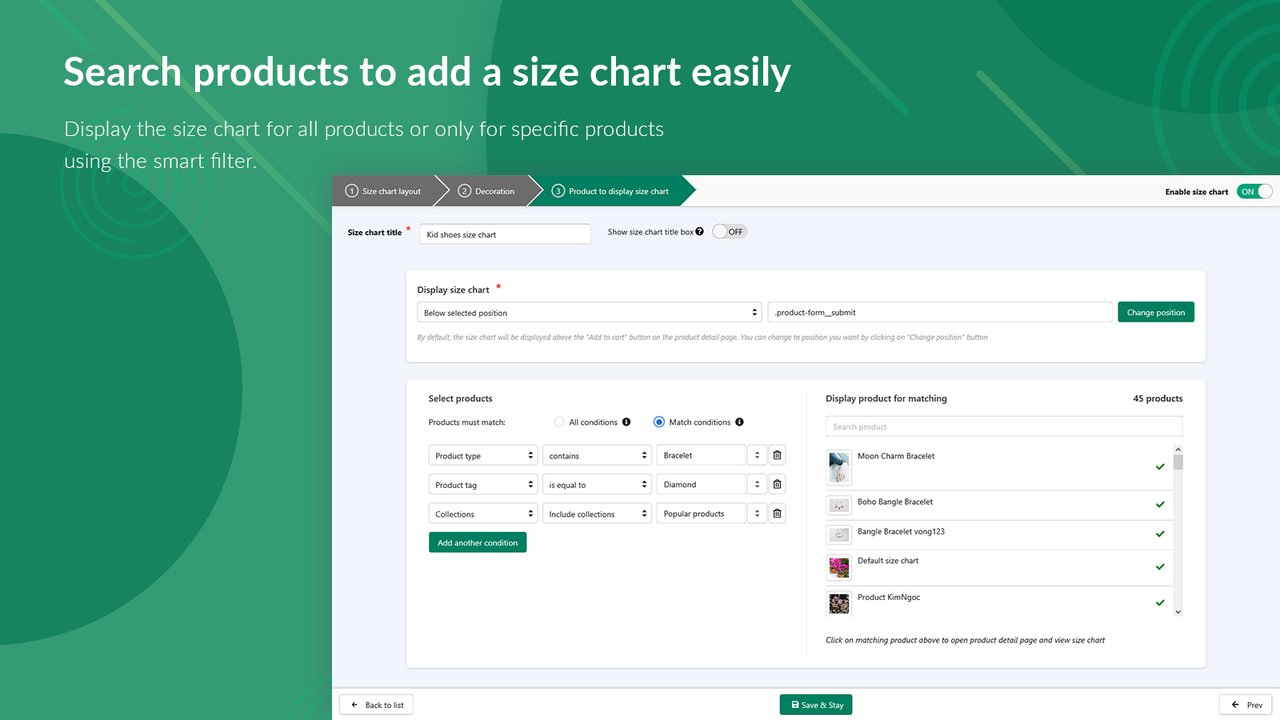 Search products to add a size chart easily