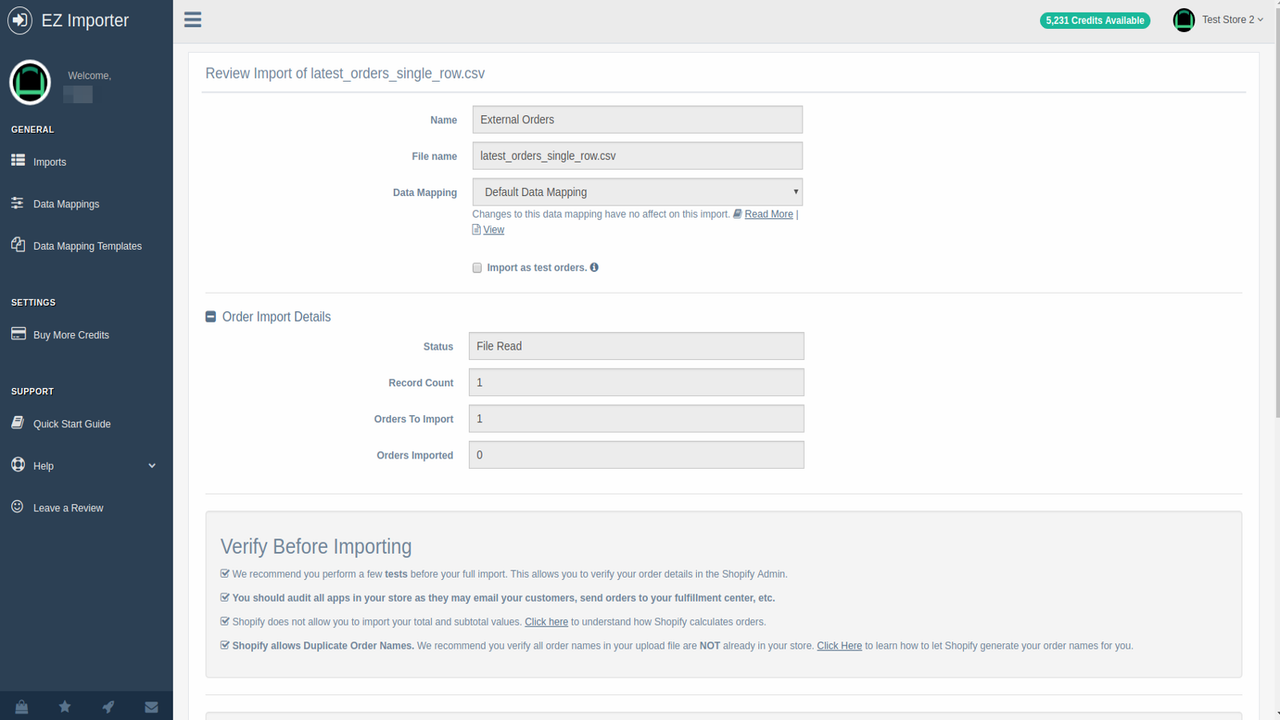 Review your import before sending to Shopify