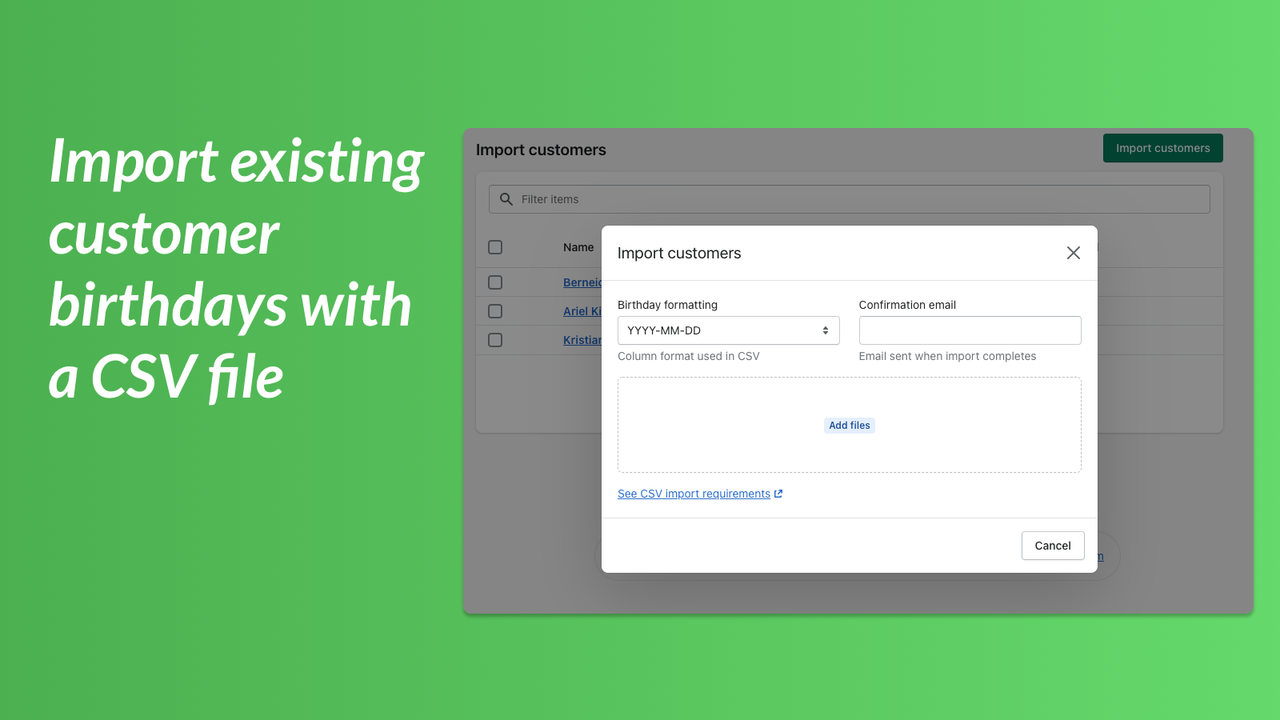 Import existing customer birthdays with a CSV file