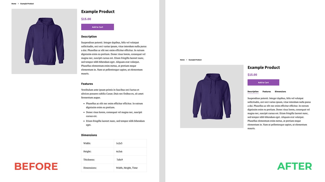 Tabbed product description before and after