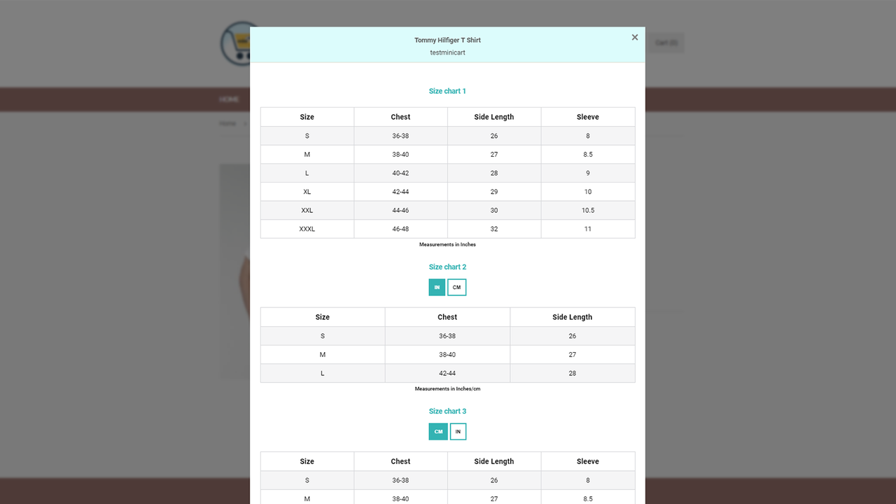 Size chart pop up