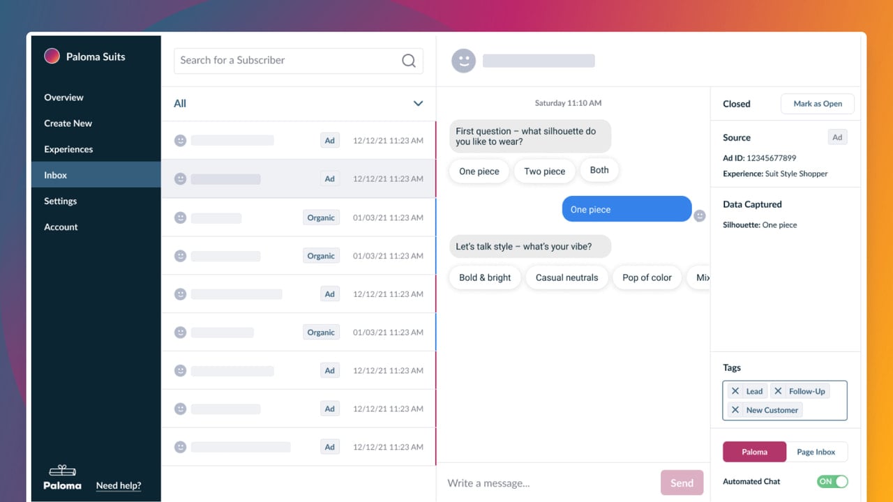 An inbox view where you can view and chat with customers