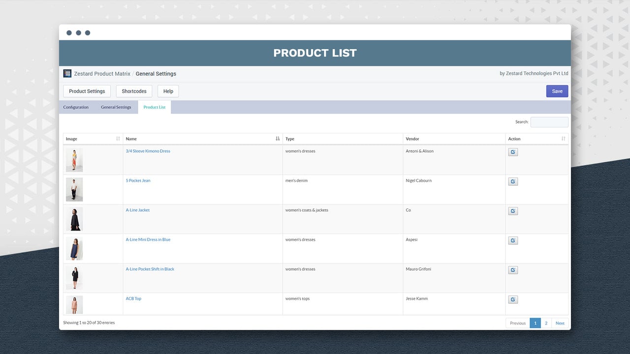 Product configuration settings