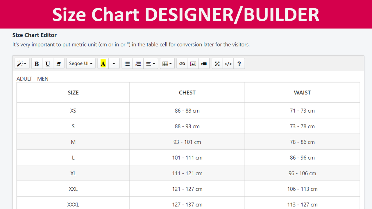 Advanced size chart designer