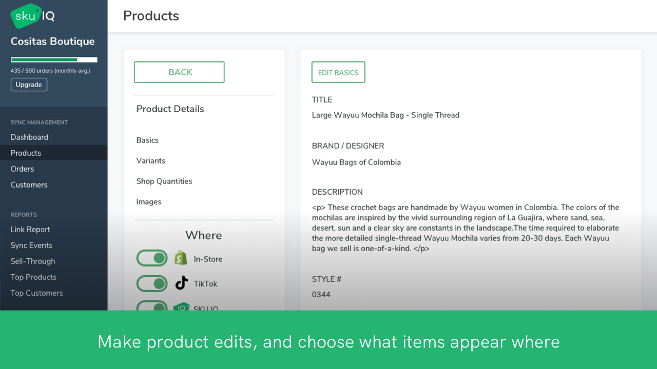 Screen view of SKU IQ Edit Product page