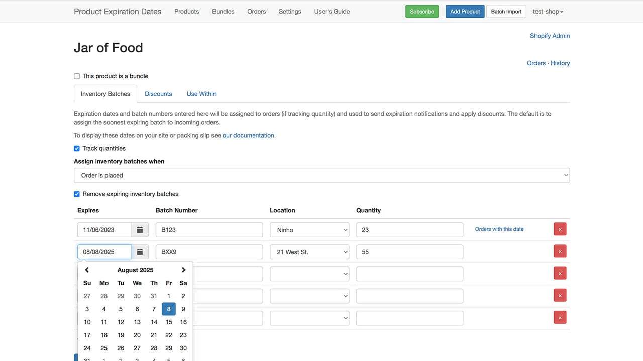 Configure best by dates, quantities & batch number for a product