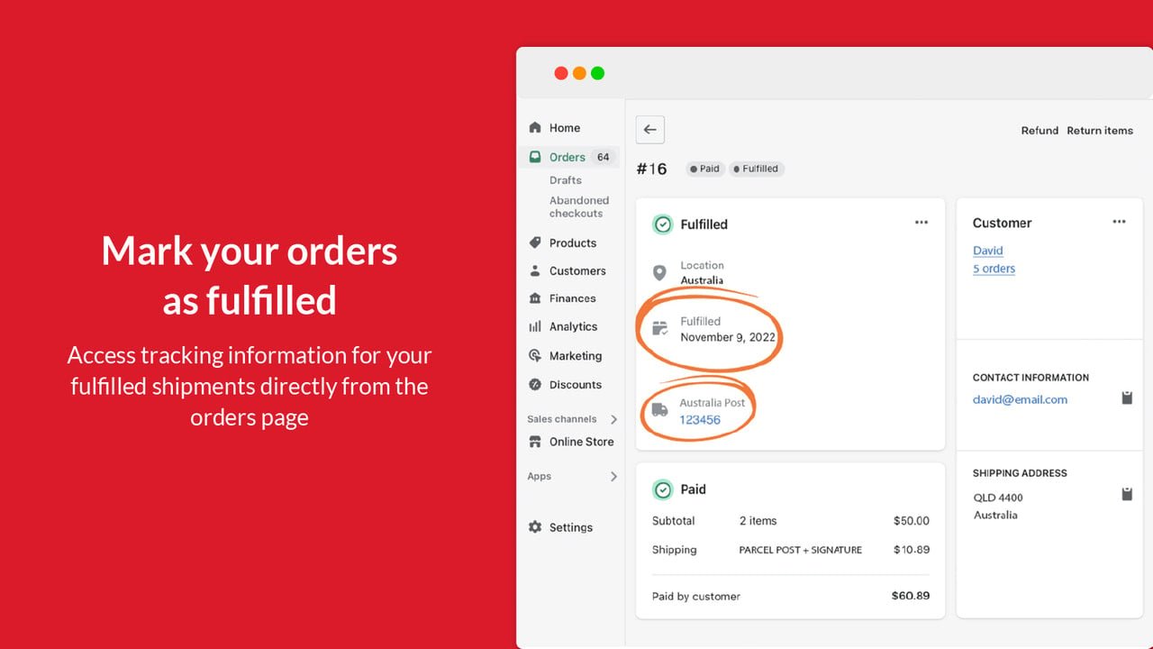 Mark orders as fulfilled with Australia Post tracking details.
