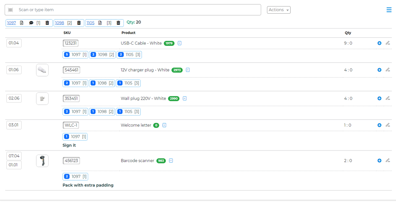 Batch picking, order check, packing, fulfillment report list