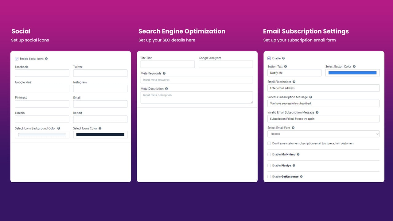 settings dashboard