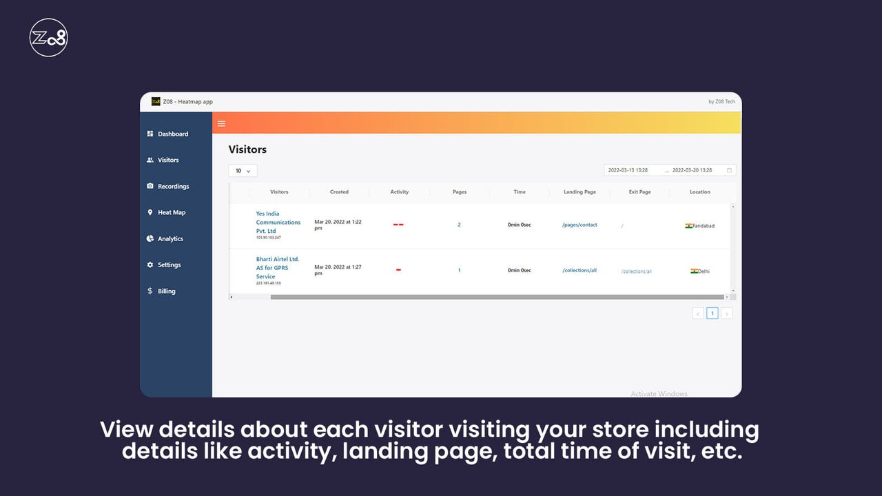 Z08tech heatmap screen recording app - Visitor page