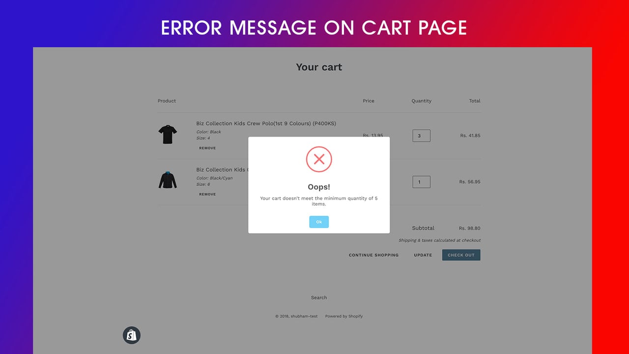 Error message on cart page