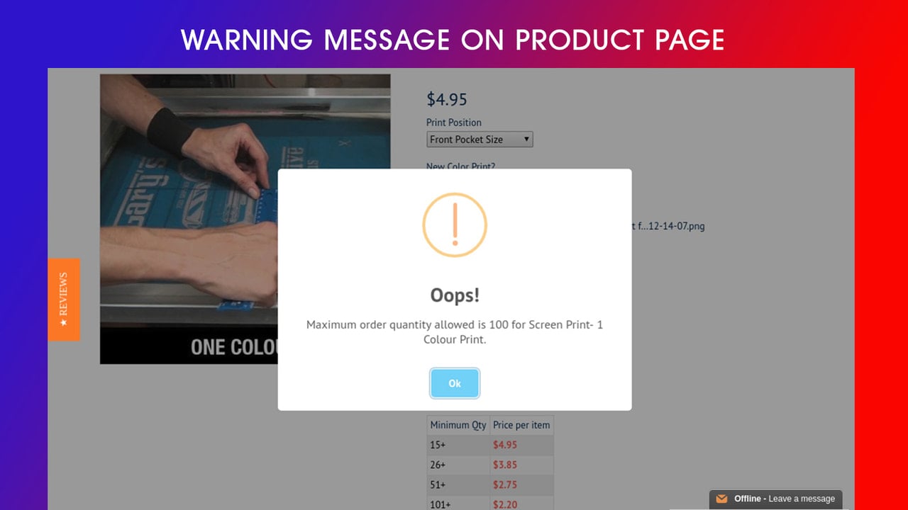 Warning message on product page