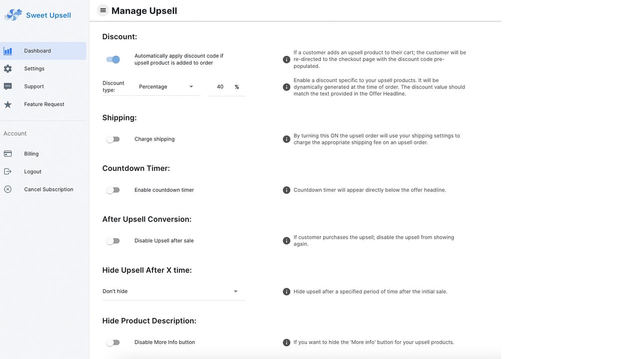 Sweet Upsell Settings