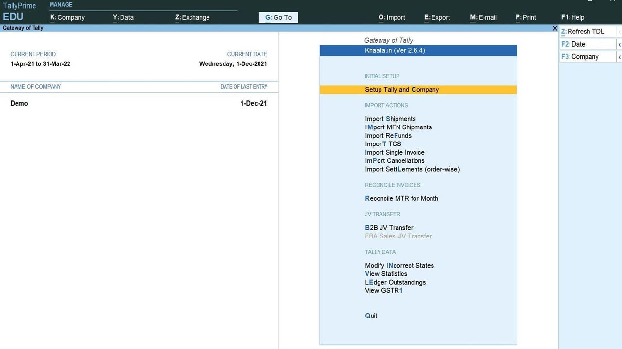 Khaata Tally Menu Options