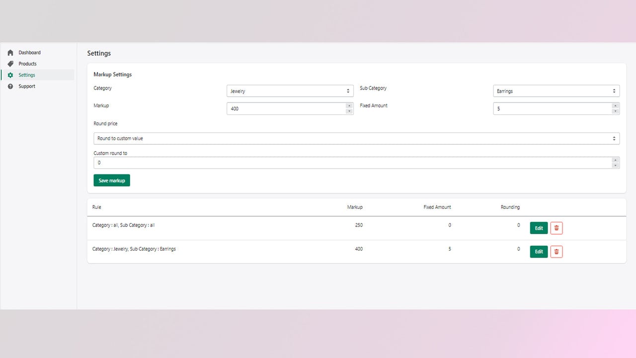 Pricing and profitability setting, per category by % and amount.