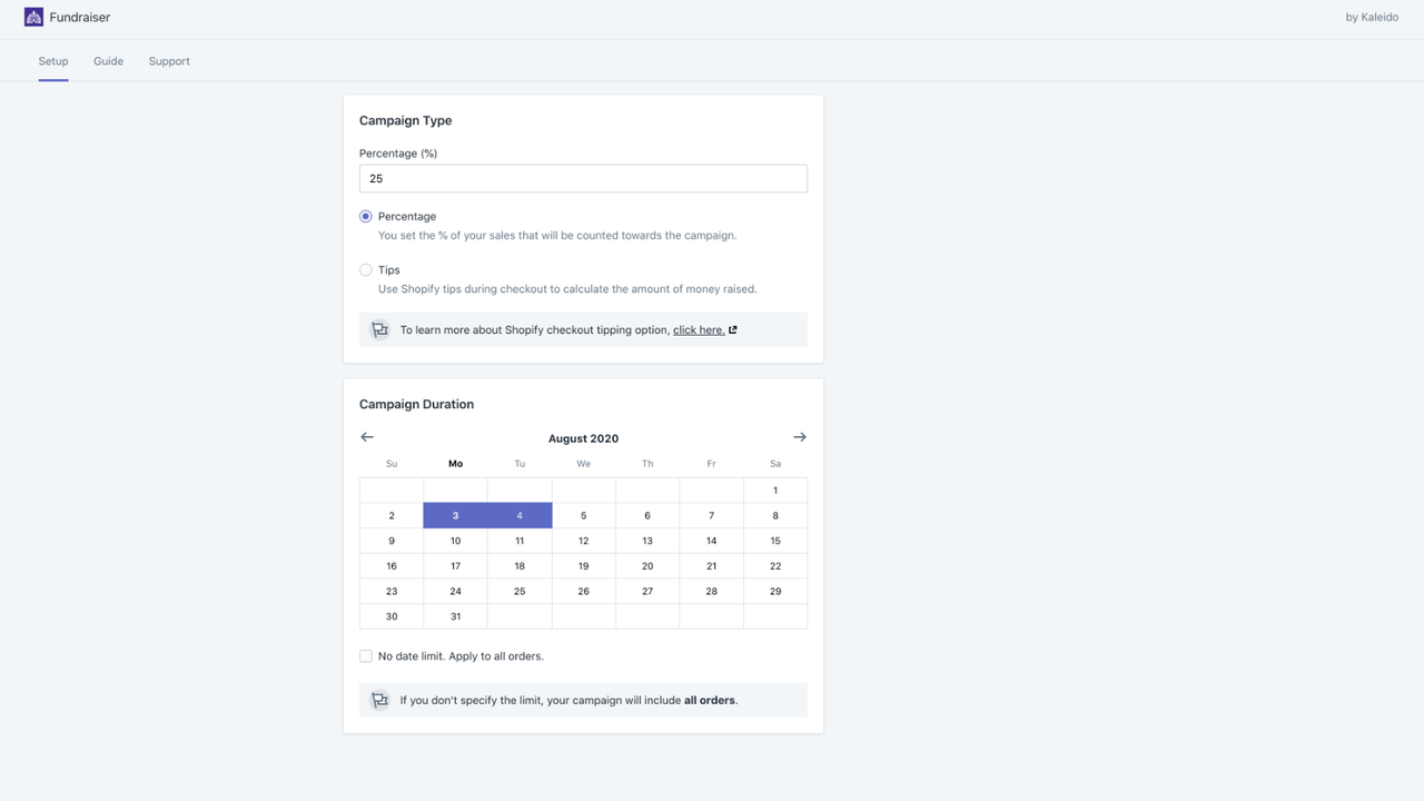 Kaleido Fundraiser Shopify Partners Experts Settings 2