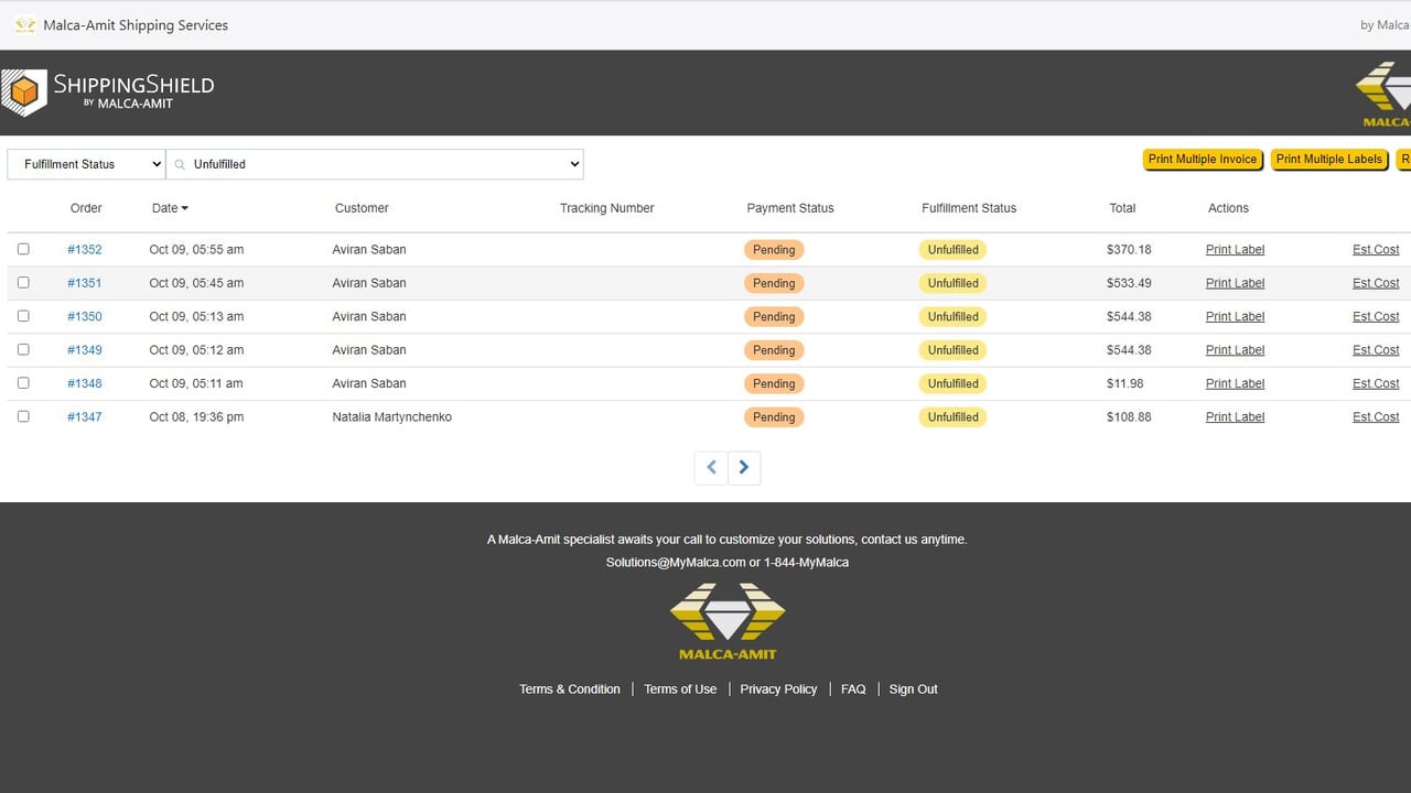 Malca-Amit Shipping Services Order Dashboard