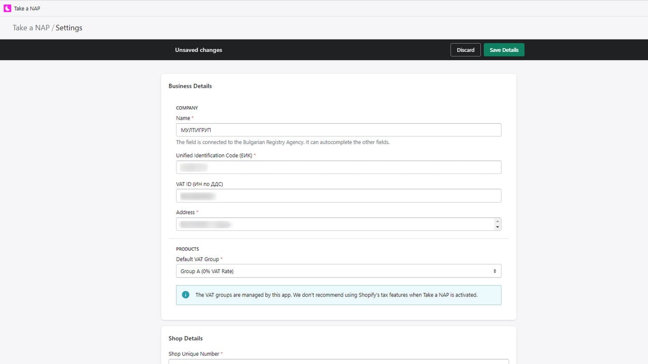 Settings View - Adding Business, Auditing & VAT Group Details