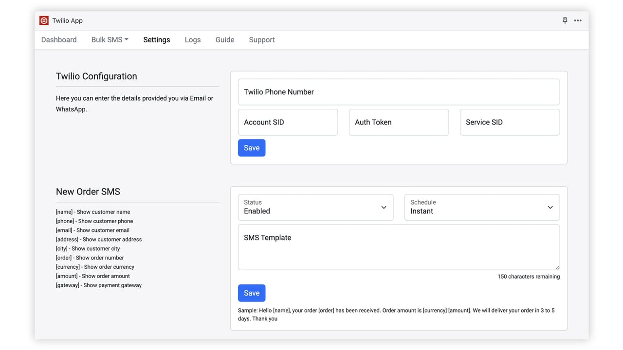 Twilio Settings