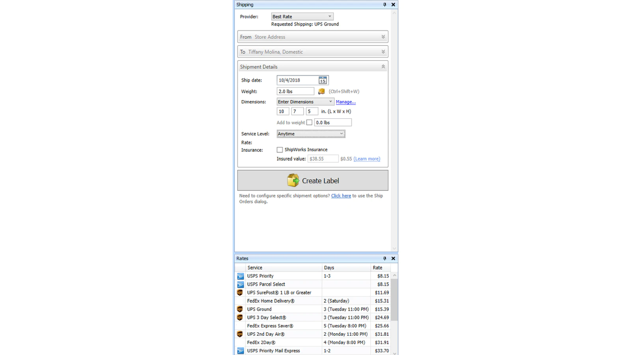 Shipping Panel with Rate Comparisons