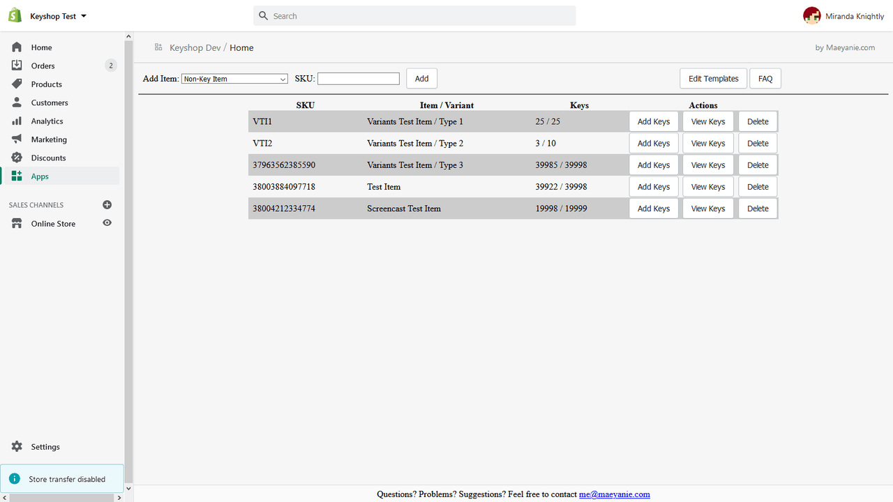 Items with key supply listed.