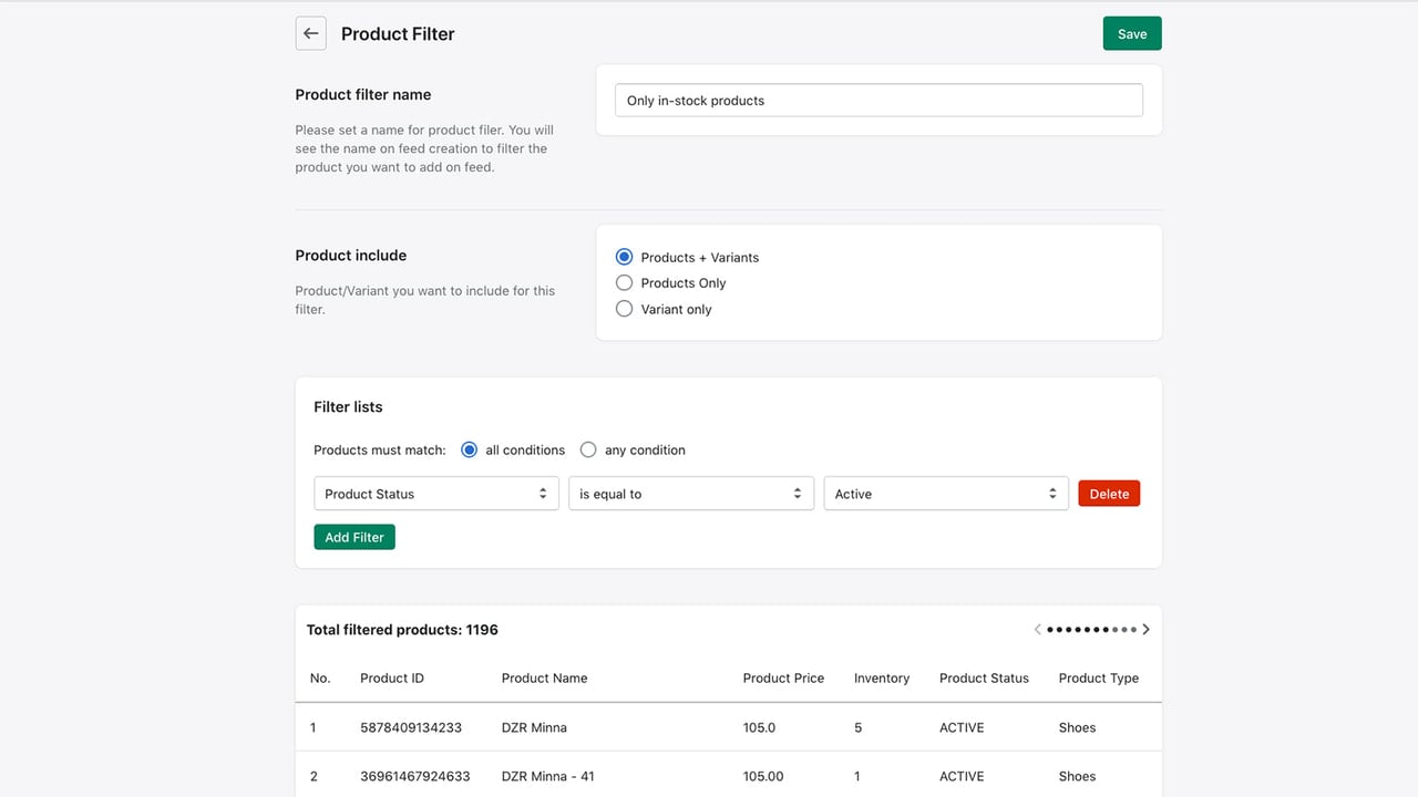 Feed Filter based on type, collection, tags, vendor