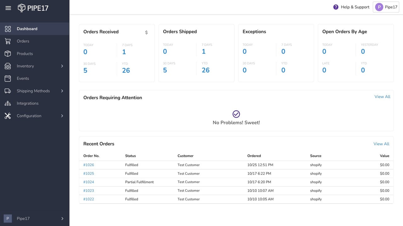 Pipe17 Dashboard Page