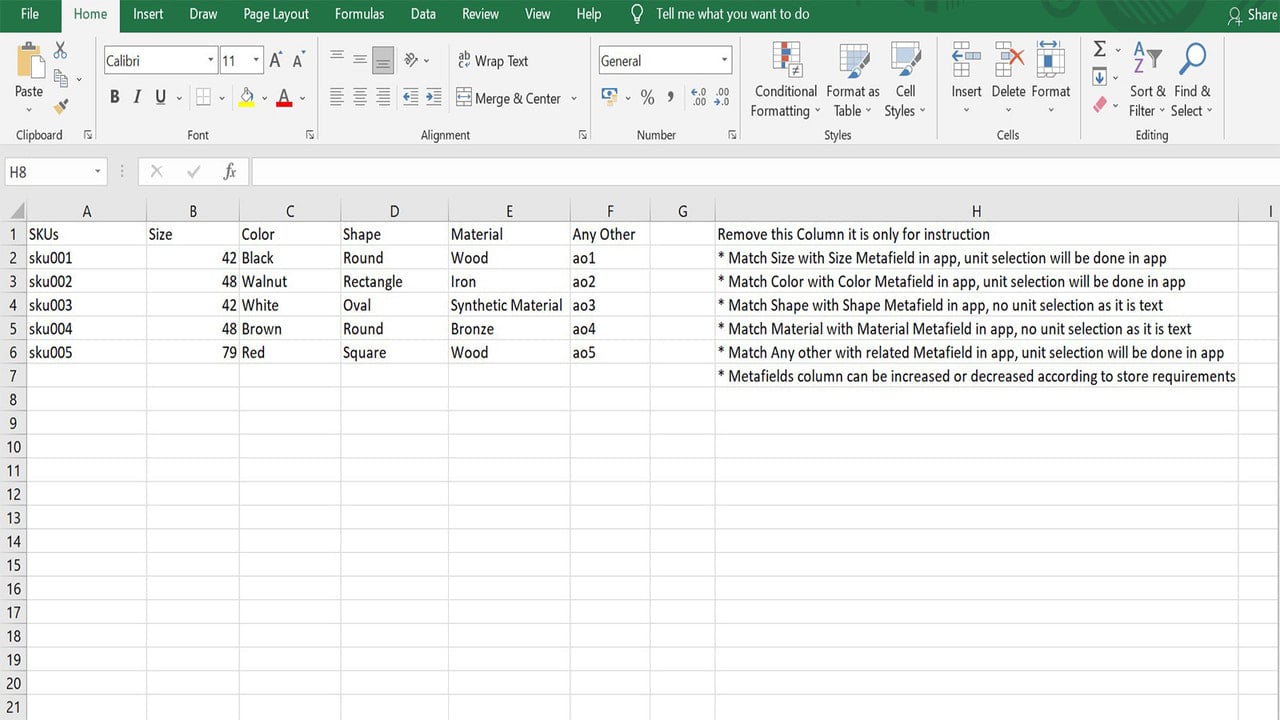 Sample Excel (CSV) of Easy Bulk Metafields app for Shopify