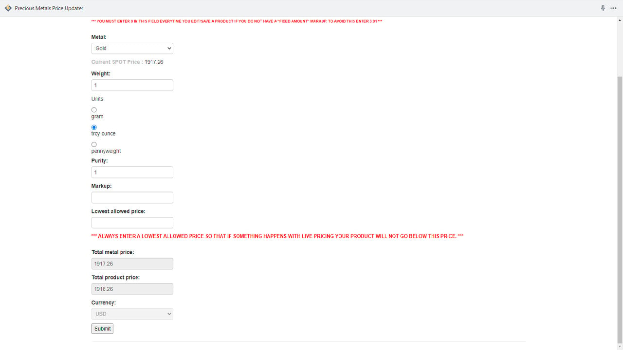 Configure a product and integrate spot pricing and markups.