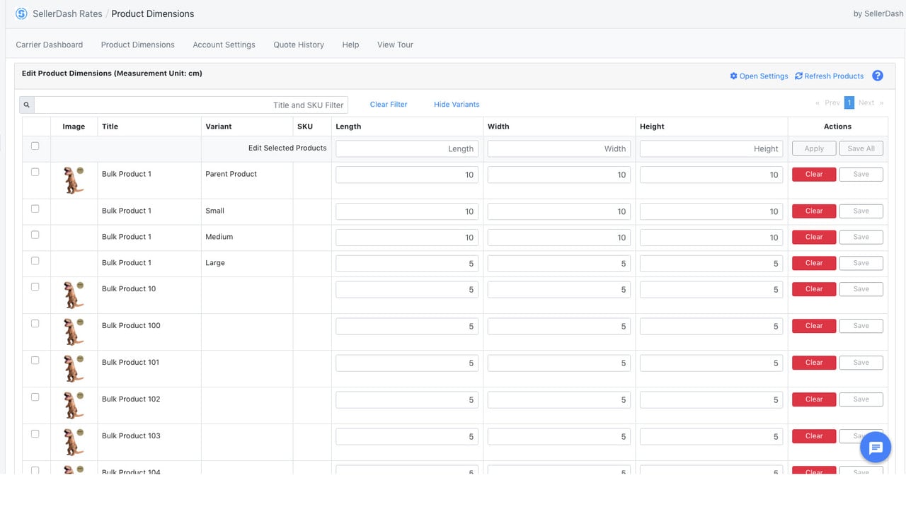 Super fast and easy editing of product dimensions