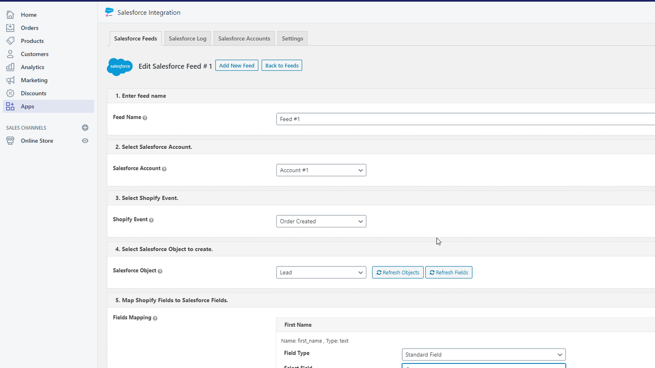 Map Shopify fields to Salesforce fields