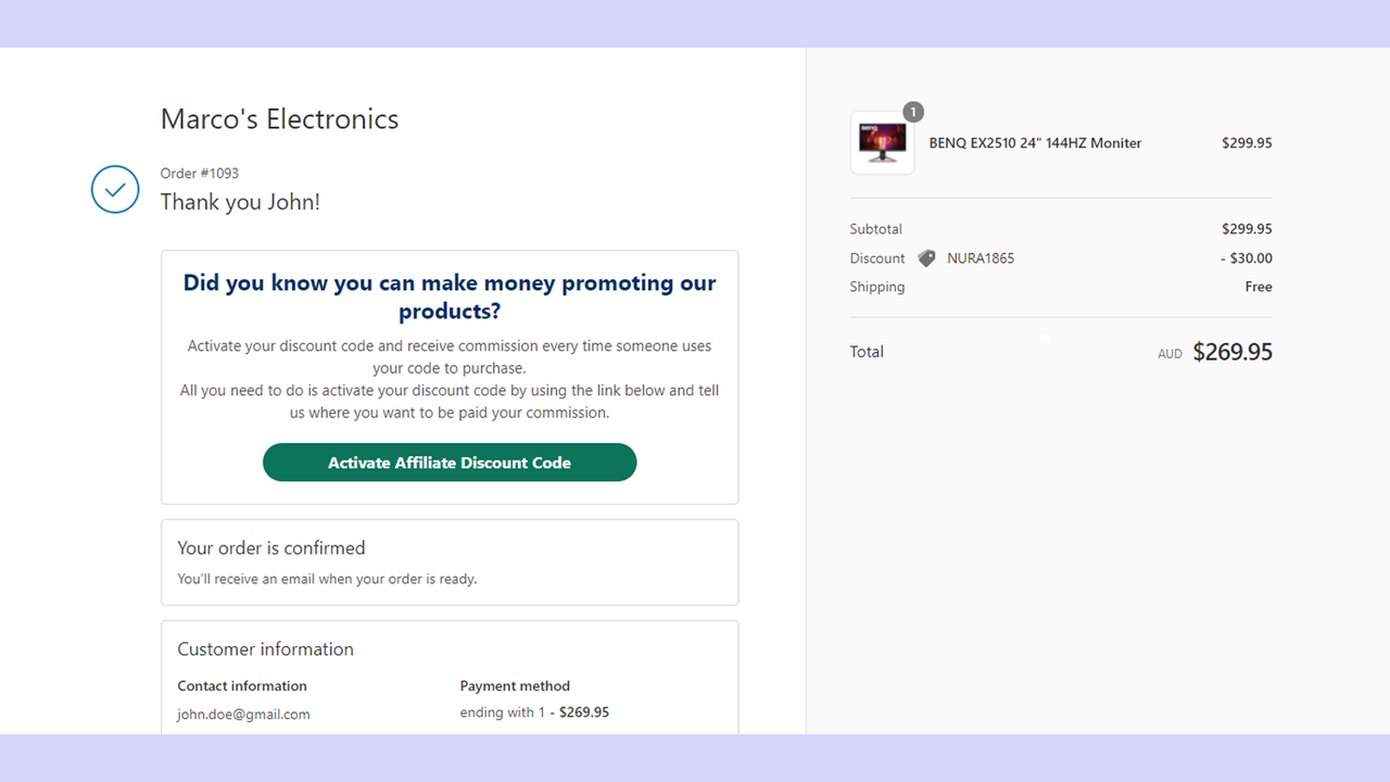 Affiliate link automatically made on order confirmation page