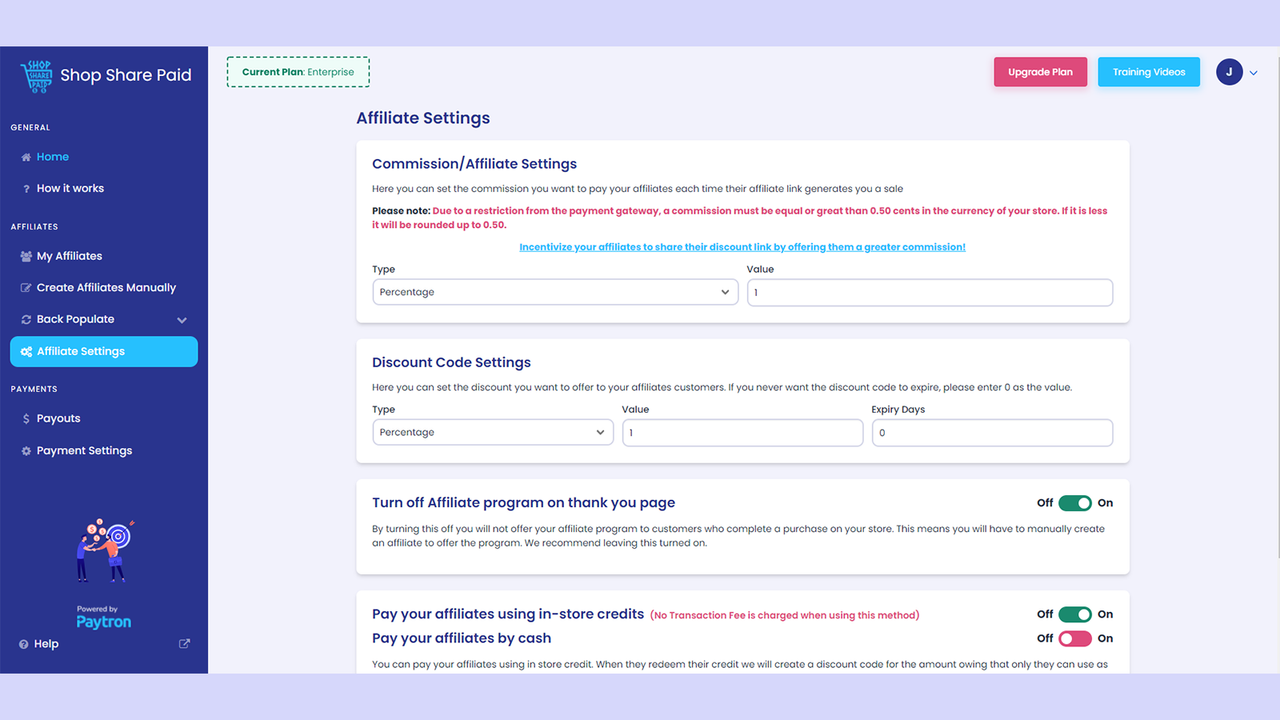 Commission and discount code settings page