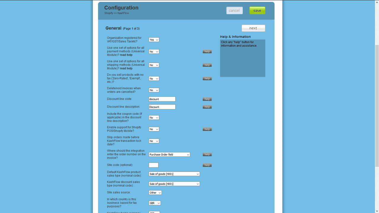 Page 1 of the Configuration Panel