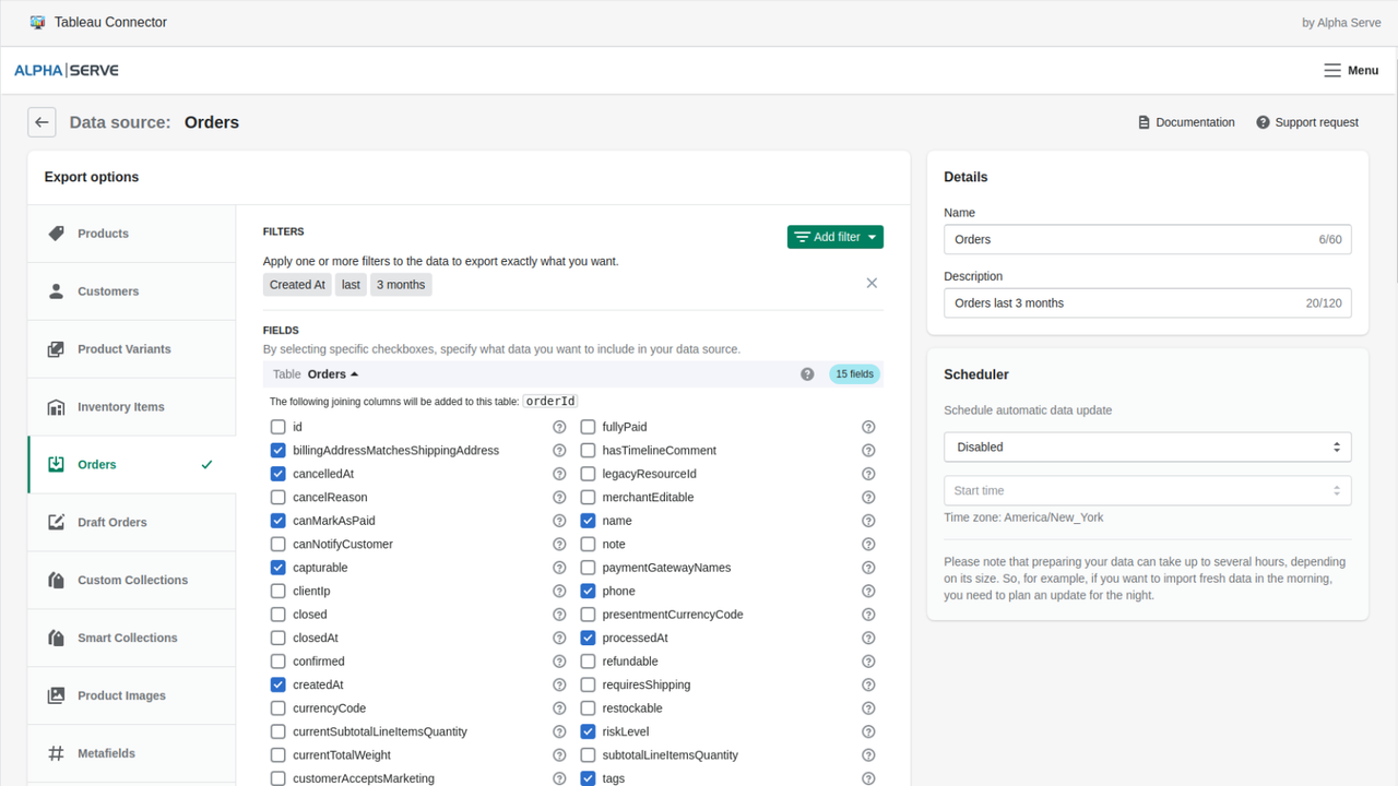 Edit Data Source: select data to export from shopify to tableaul