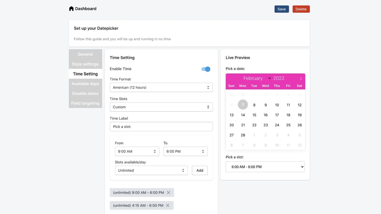 Date Picker - Setup timeslots & delivery date