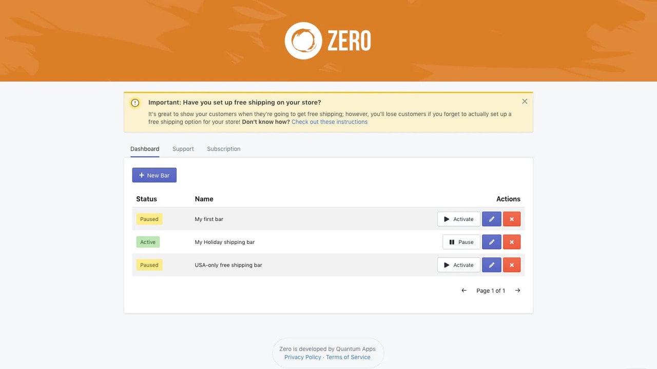 Zero ‑ Free Shipping Bar