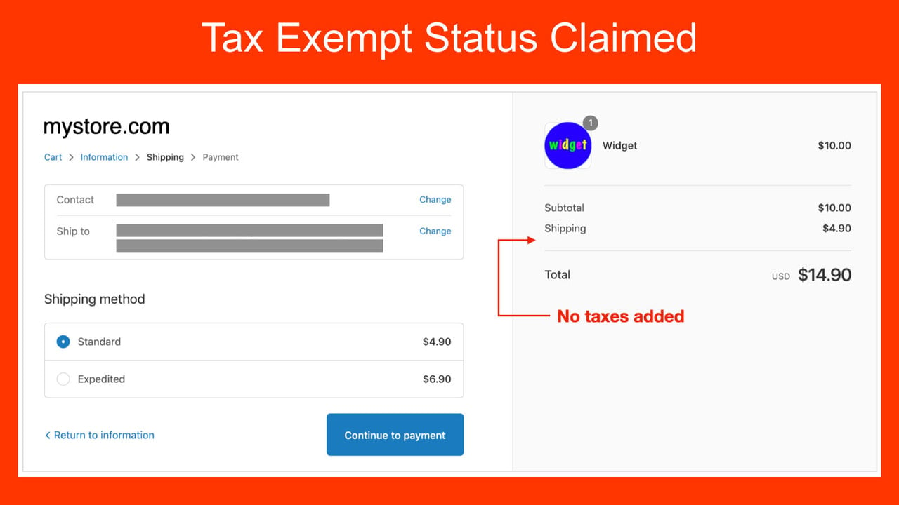 Shipment Methods page with tax exempt status claimed