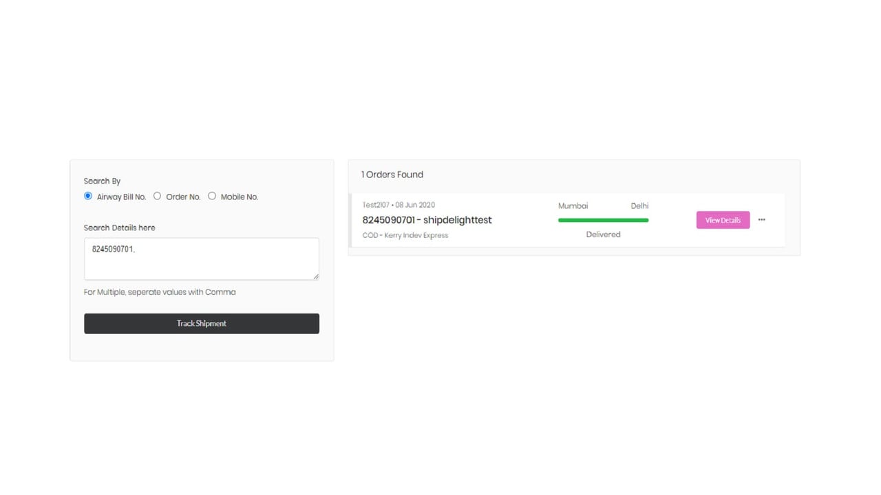 Track multiple orders by AWB no, Order no & Mobile no.