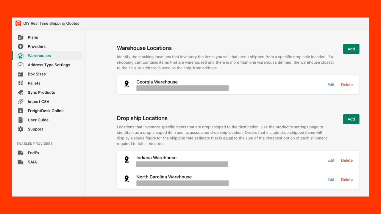 Real Time Shipping Quotes for Shopify Warehouse Settings