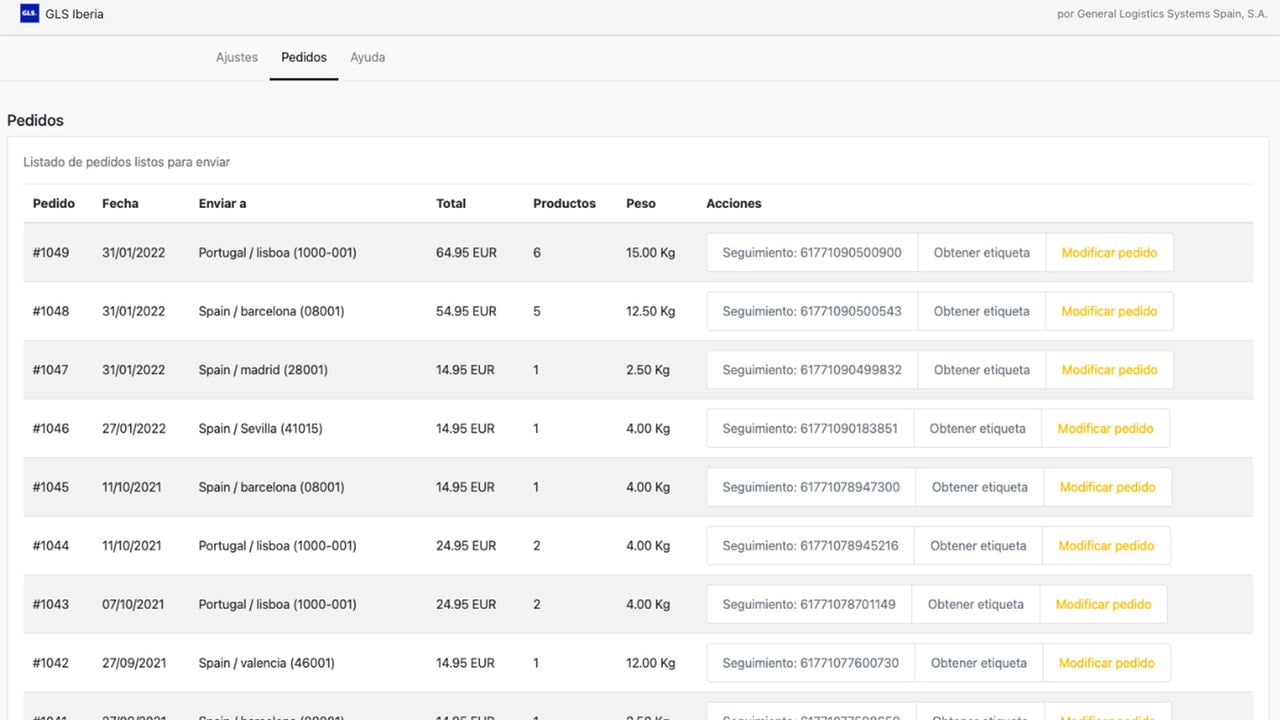 Shipments list with GLS