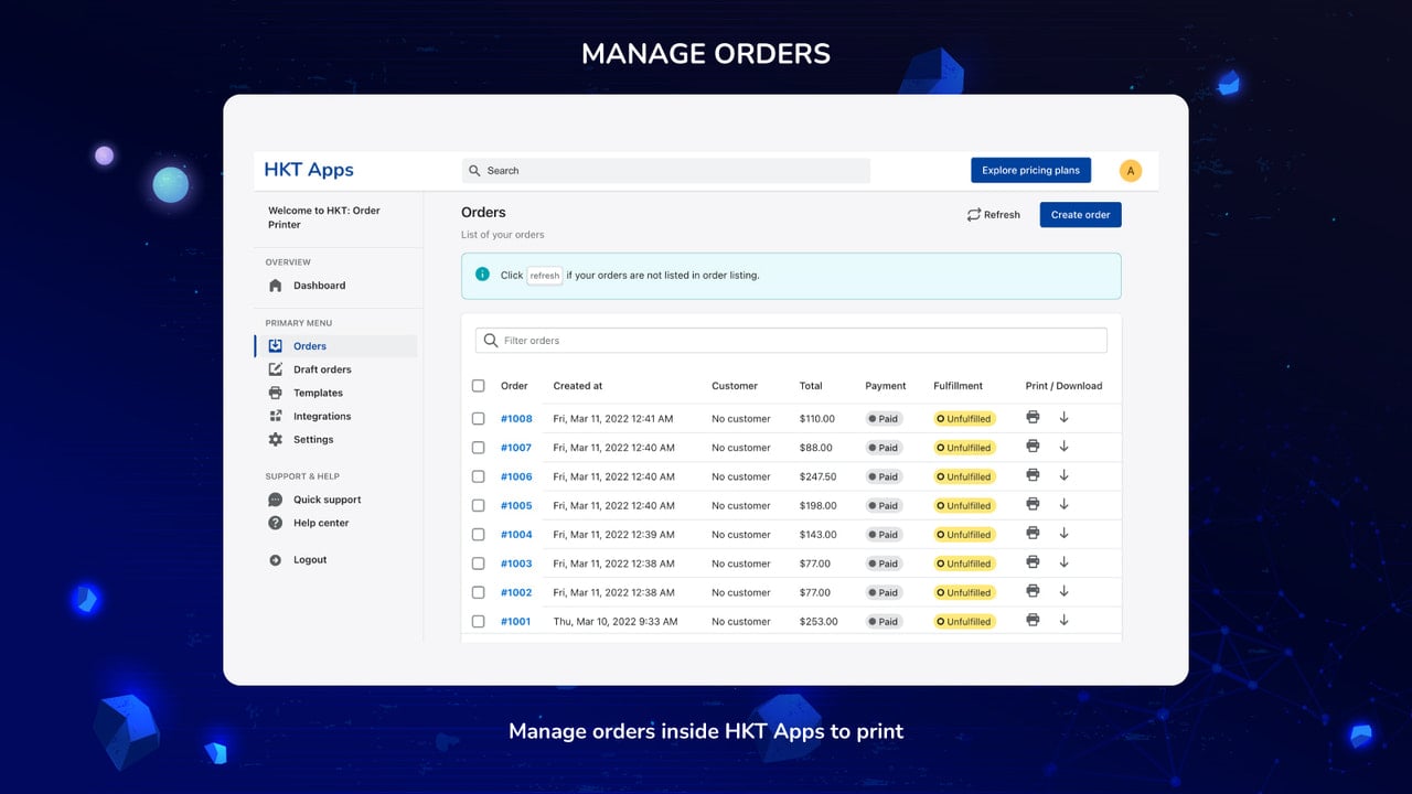 Manage orders in HKT Apps to print