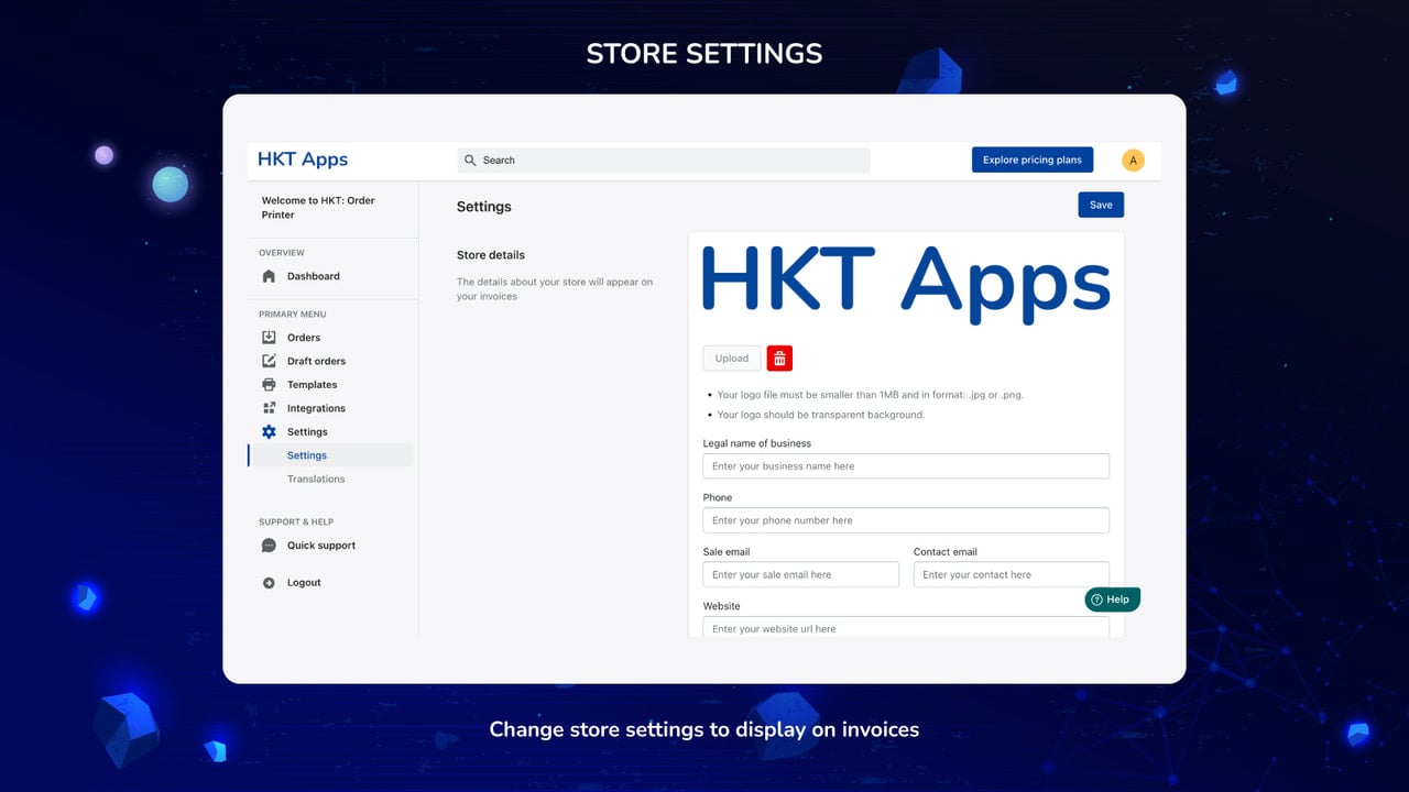 Change store setting to display on invoices