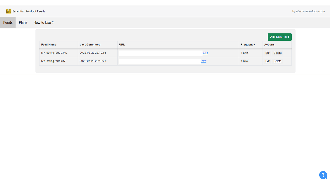 Listing of Generated Feeds