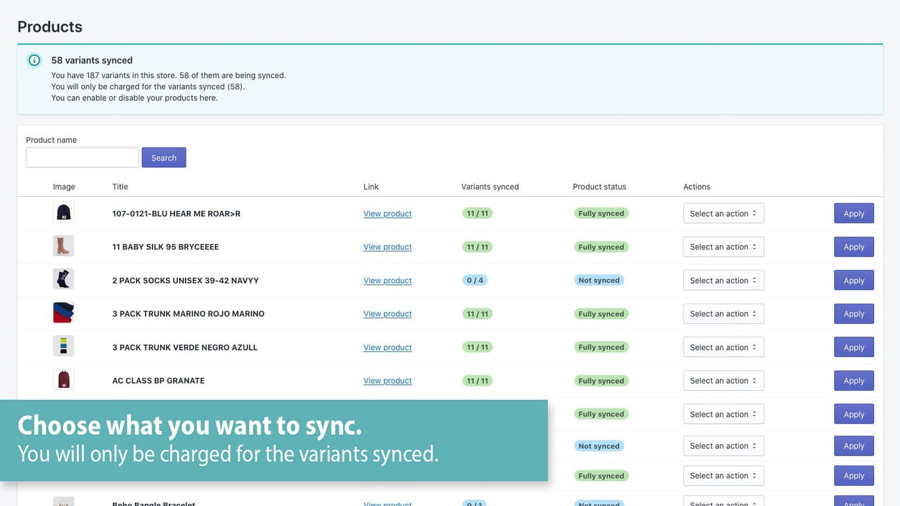 You will only be charged for the variants enabled to sync