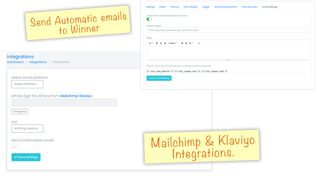 Automatic emails, Mailchim & Klaviyo integration