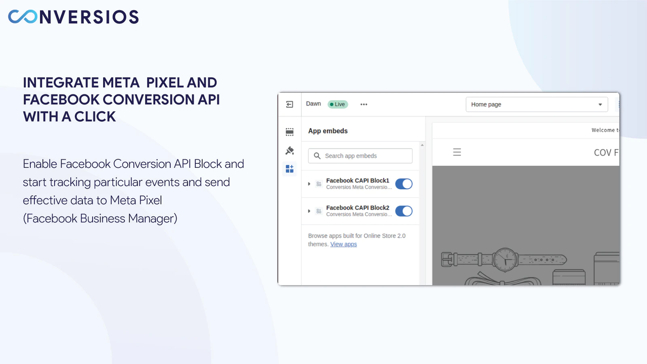 Meta Pixel & Conversions API in theme block status.